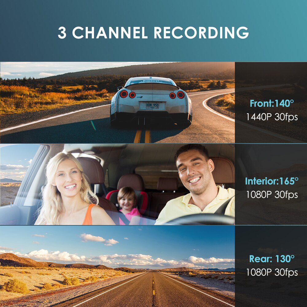 Channel Dash Cam Front Inside Rear Three Way Car Dash Camera, 2K+