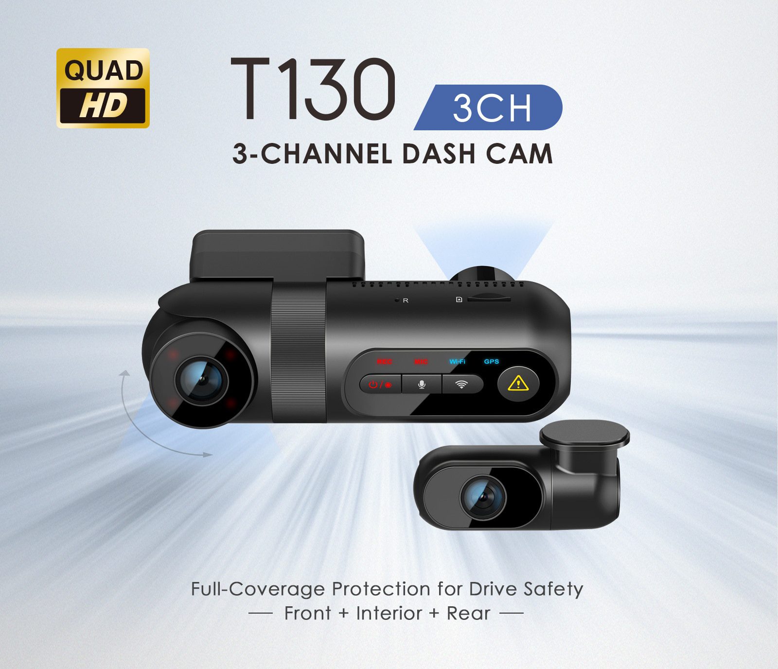 Viofo T130 3 Channel 3 Camera Car DashCam QHD 2K Front Infrared